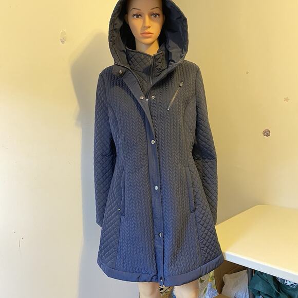 Liverpool Jacket Winter Trench Coat Quilted Hooded MidnightBlue Zip Snap Women L - Picture 5 of 10